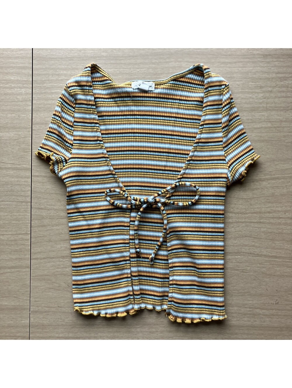 Y2K Indie Stripe Rib Open Tie Front Lettuce Trim Crop 90s Maximalism XSmall